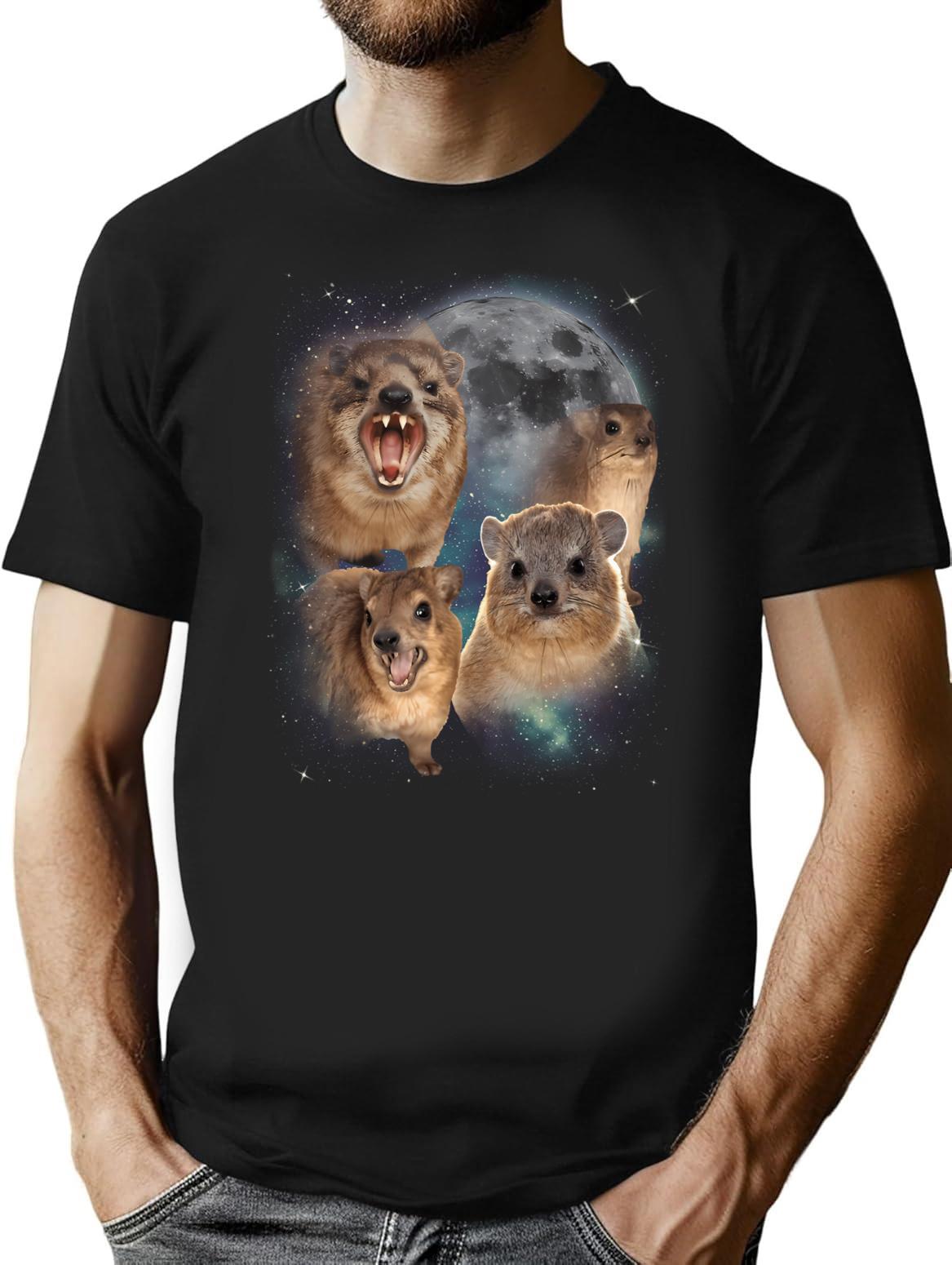 90s Retro Screaming Rock Hyraxes Moon T-Shirt - Black