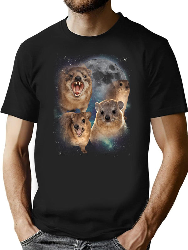 90s Retro Screaming Rock Hyraxes Moon T-Shirt - Black