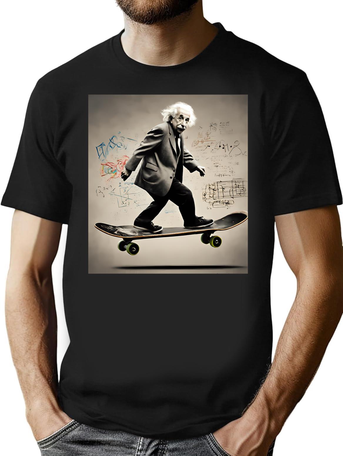 Albert Einstein Riding A Skateboard With Equations As Graffiti T-Shirt - Black