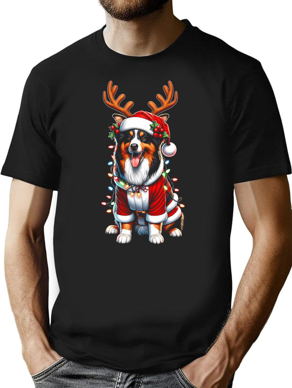 Australian Shepherd Dog Reindeer Light Vintage Ugly Sweater Santa's Hat Xmas T-Shirt - Black