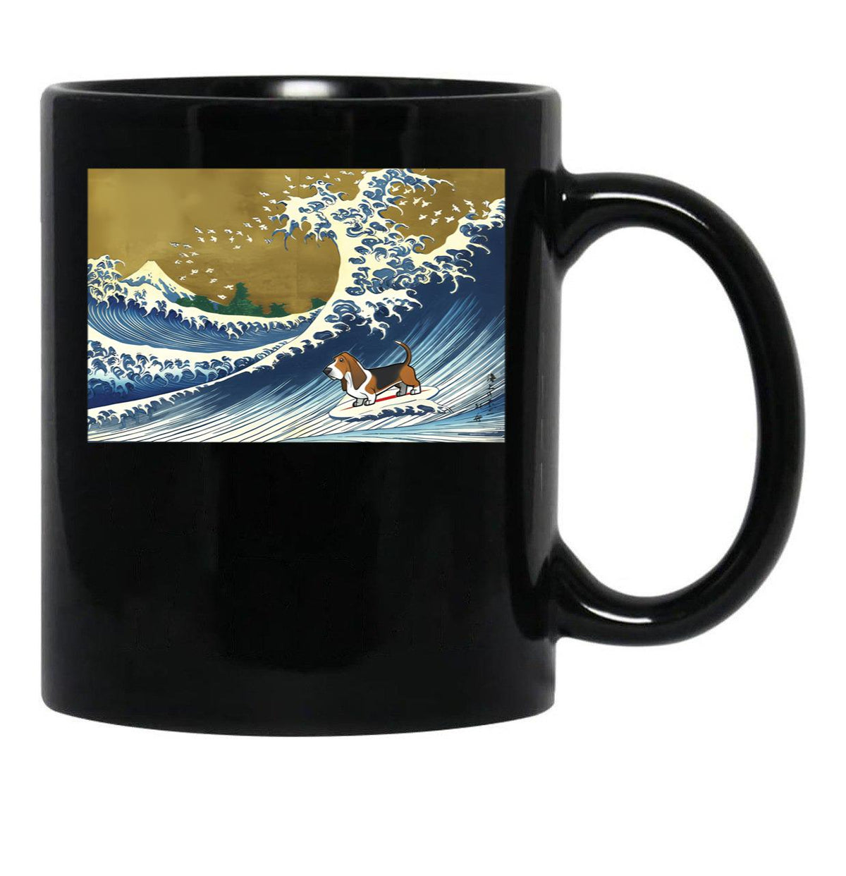 Basset Hound Surfing Black Coffee Mug, Gift Coffee Mug - Black