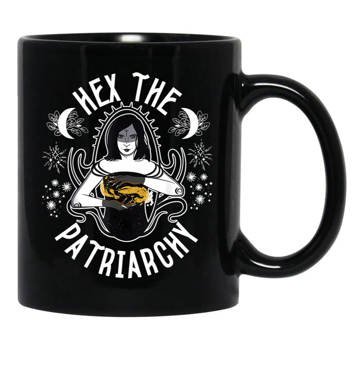 Feminist Witch Hex The Patriarchy Black Coffee Mug, Gift Coffee Mug - Black