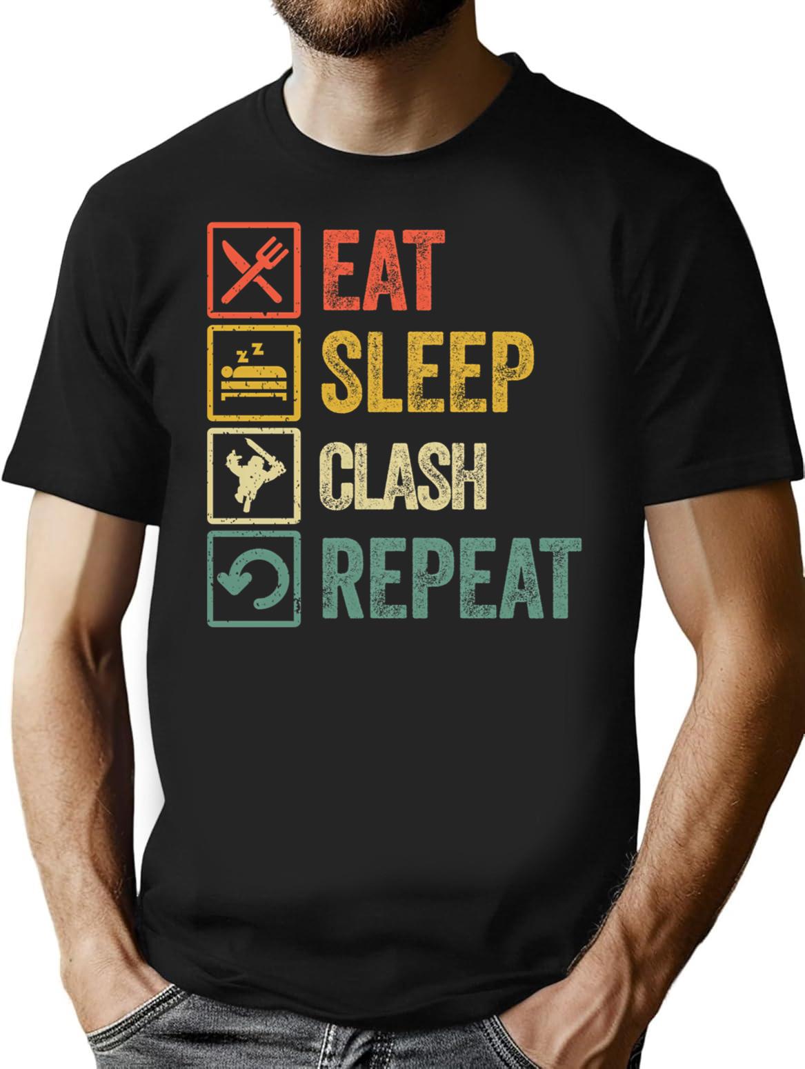 Funny Eat Sleep Clash Repeat Retro Vintage T-Shirt - Black