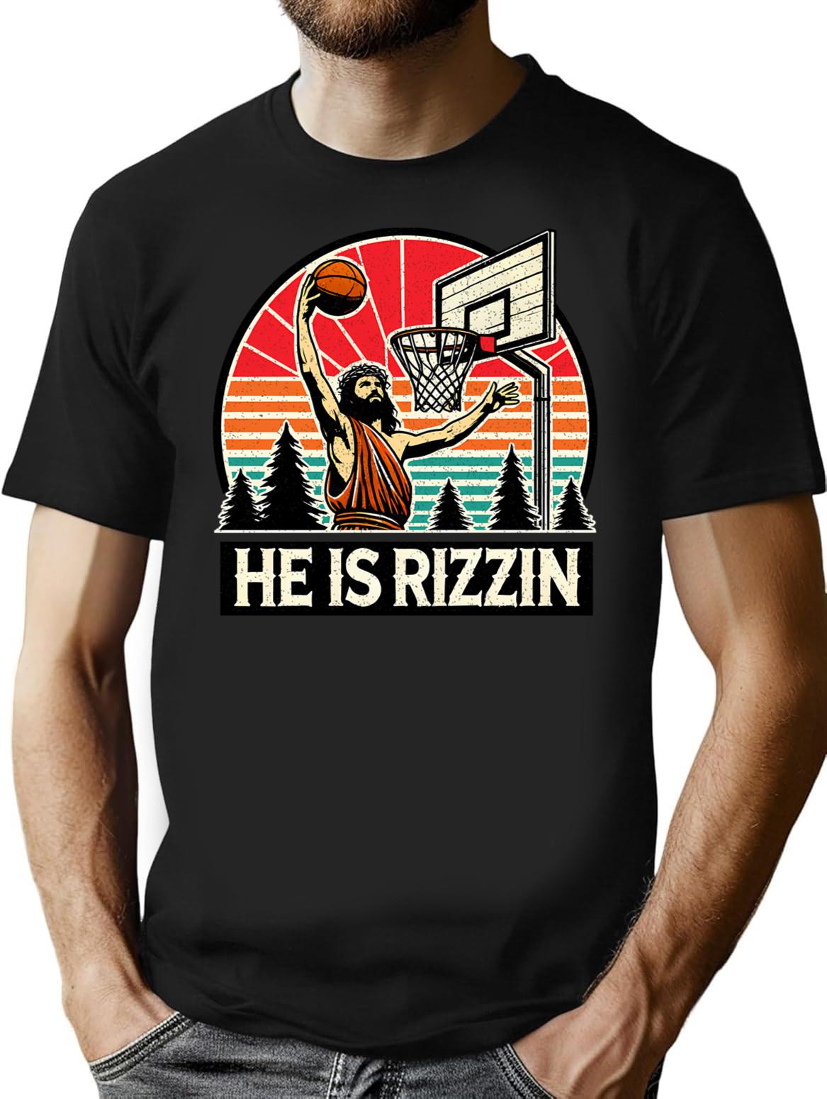 Funny Retro He Is Rizzin Christian Easter Playing Basketball T-Shirt - Black