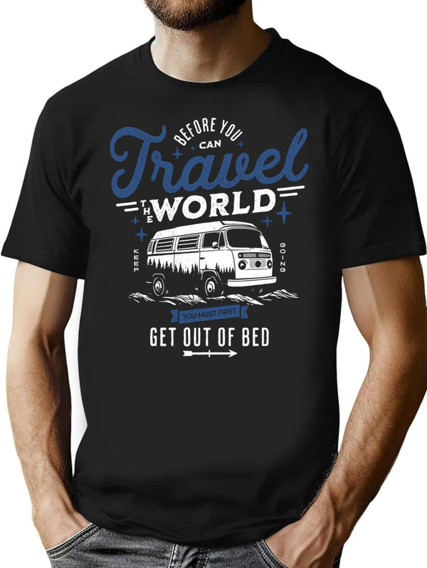 Funny Van Travel Camping Life Get Out Of Bed Vintage T-Shirt - Black