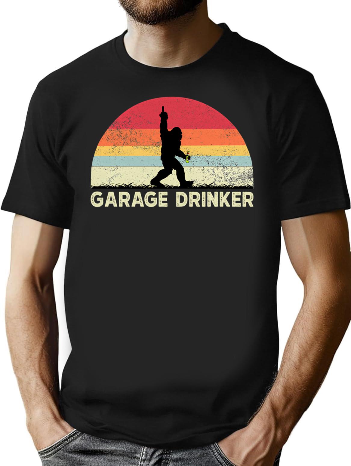 Garage Drinker Vintage T-Shirt - Retro Graphic Casual Tee - Black