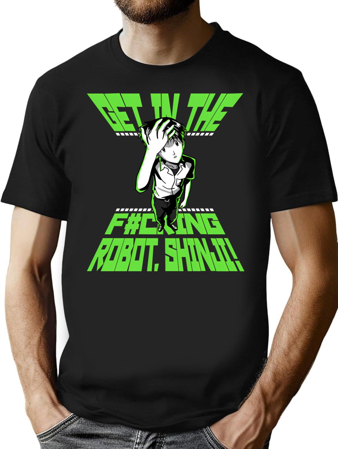 Get In The Robot Shinji T-Shirt - Retro Graphic Tee for Men & Women - Black