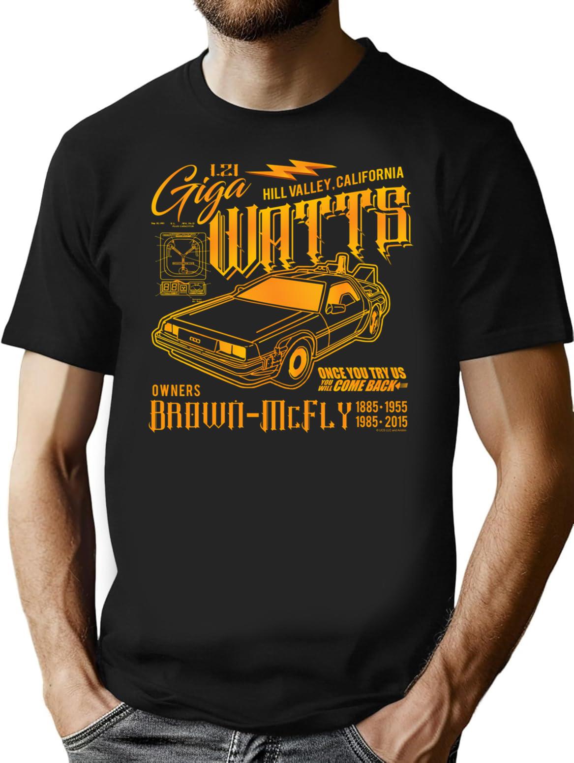 Giga Watts Garage Back To The Future Delorean Car ( Ucs Llc And Amblin) T-Shirt for Men & Women, T-Shirts Graphic Tee - Black