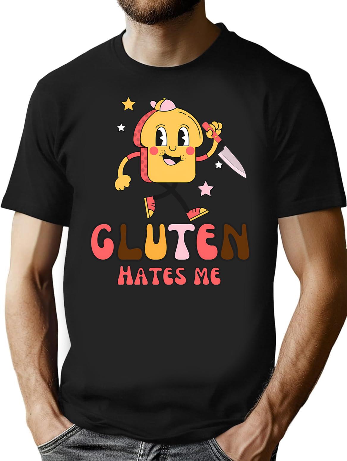 Gluten Hates Me Knife (retro) T-Shirt - Black