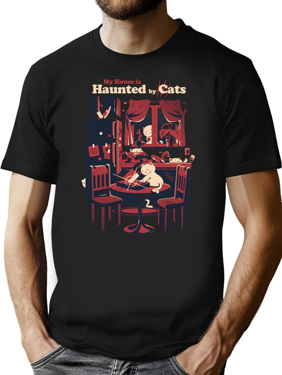 Haunted By Cats T-Shirt for Men & Women, T-Shirts Graphic Tee - Black