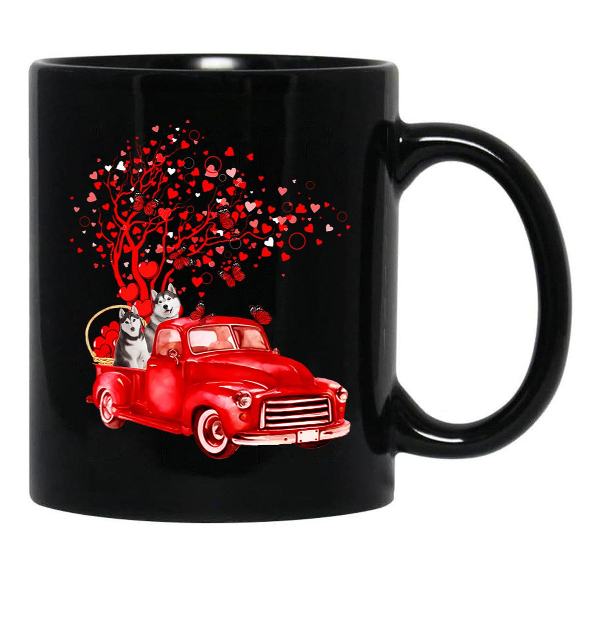Husky Riding Red Truck Valentine Butterfly Heart Tree Black Coffee Mug, Gift Coffee Mug - Black