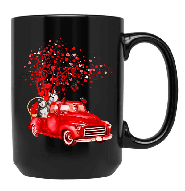 Husky Riding Red Truck Valentine Butterfly Heart Tree Black Coffee Mug, Gift Coffee Mug - Black