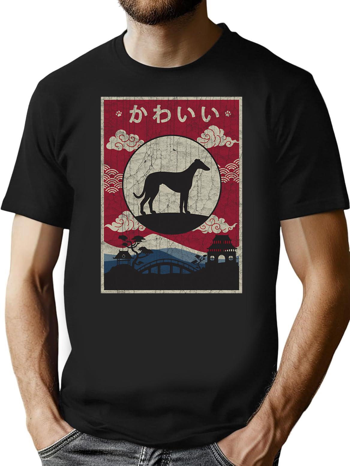 Japanese Whippet Kawaii T-Shirt - Retro Graphic Tee for Men & Women - Black