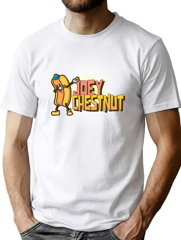Joey Chestnut Dabbing Hot Dog T-Shirt - Retro Graphic Tee for Men & Women - White