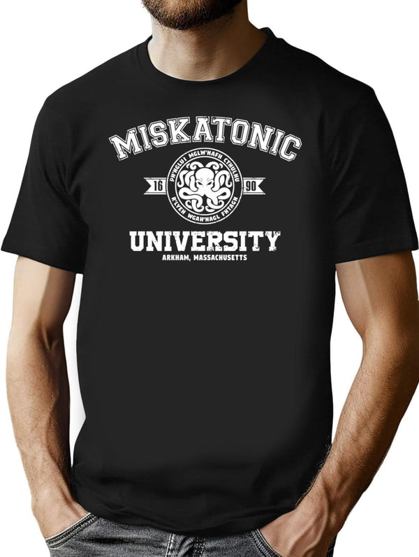 Miskatonic University (White Print) T-Shirt for Men & Women, T-Shirts Graphic Tee - Black