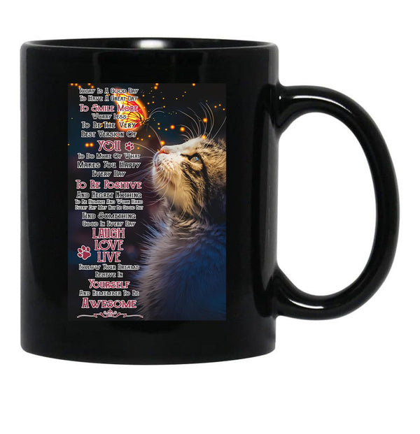 Today Is A Good Day To Have A Great Day - Cat With Butterfly Wall Art Black Gift Coffee Mug - Black