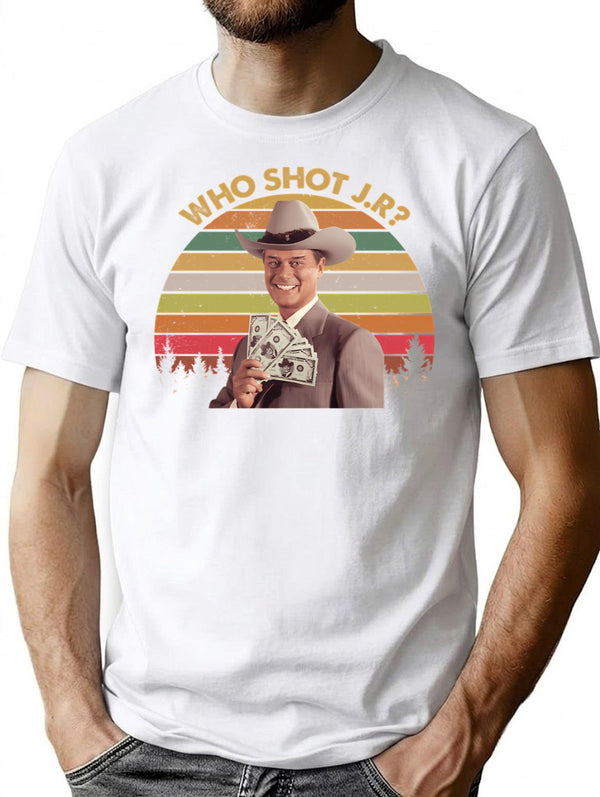 Who Shot J R Shirts J. R. Ewing Dallas Shirt Movie Poster Gifts Funny Shirts Custom Shirt 70s Vintage Retro Movie T Shirt - White