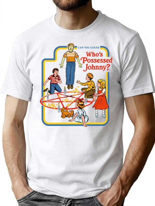 Who's Possessed Johnny T-Shirt - Retro Graphic Tee for Men & Women - White