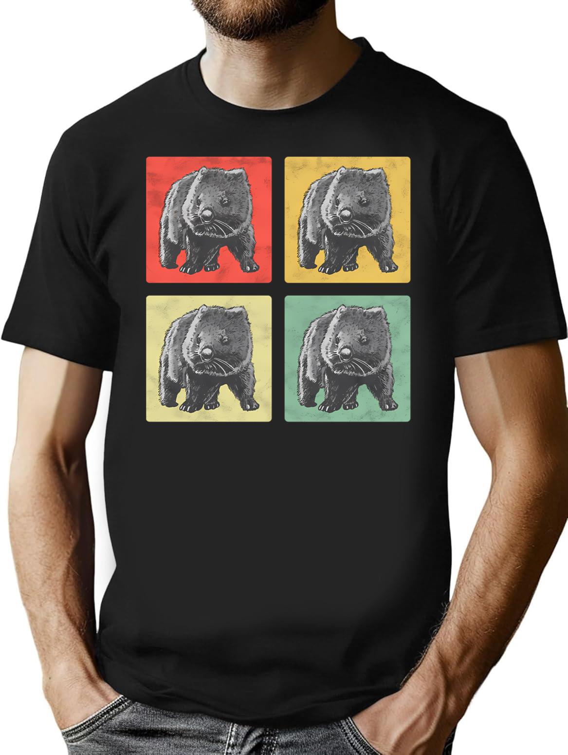 Wombat Vintage Gift Australia Marsupial T-Shirt - Retro Graphic Casual Tee - Black