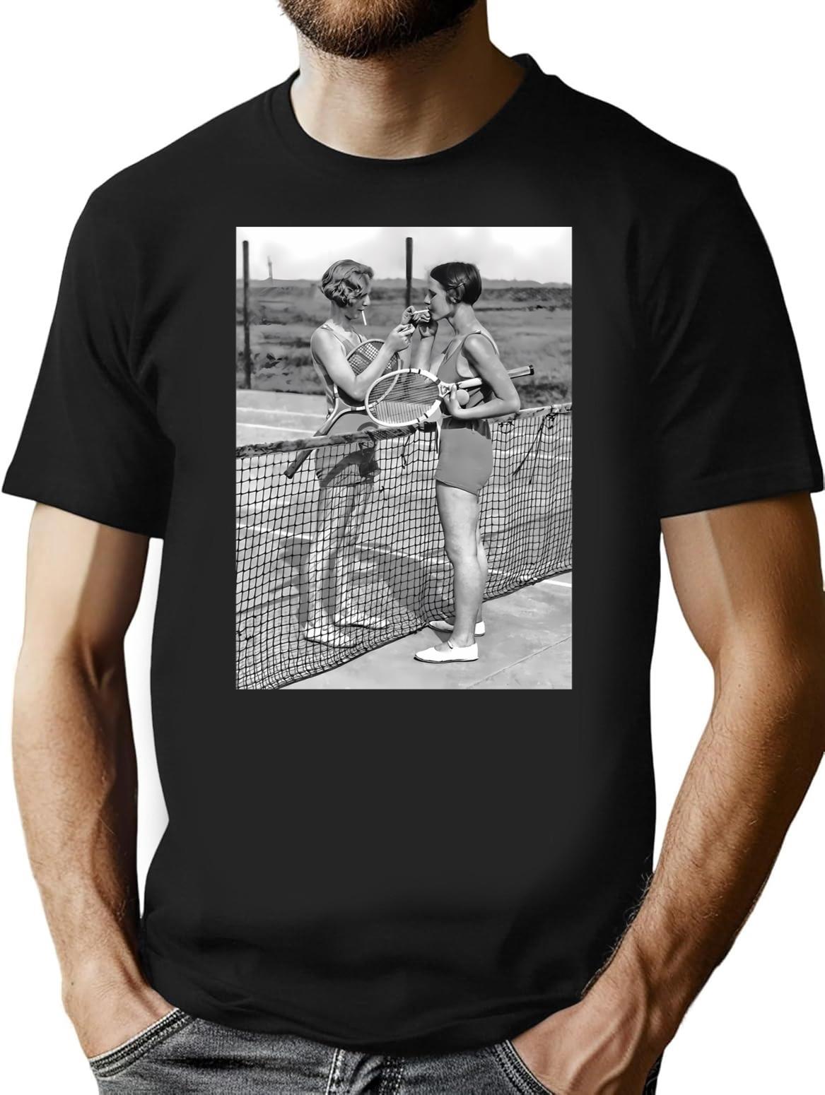 Women Tennis Players Cigarette Break Vintage Black And White Art T-Shirt - Black