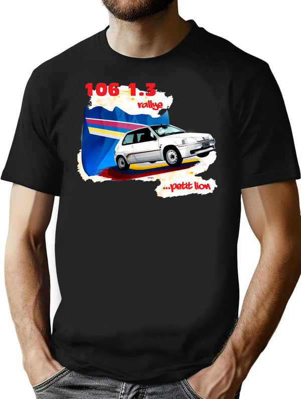 106 1.3 Rallye... Petit Lion T-Shirt - Retro Graphic Tee for Men & Women - Black