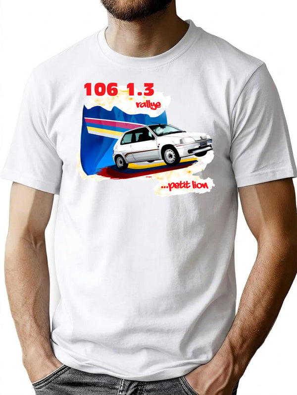 106 1.3 Rallye... Petit Lion T-Shirt - Retro Graphic Tee for Men & Women - White