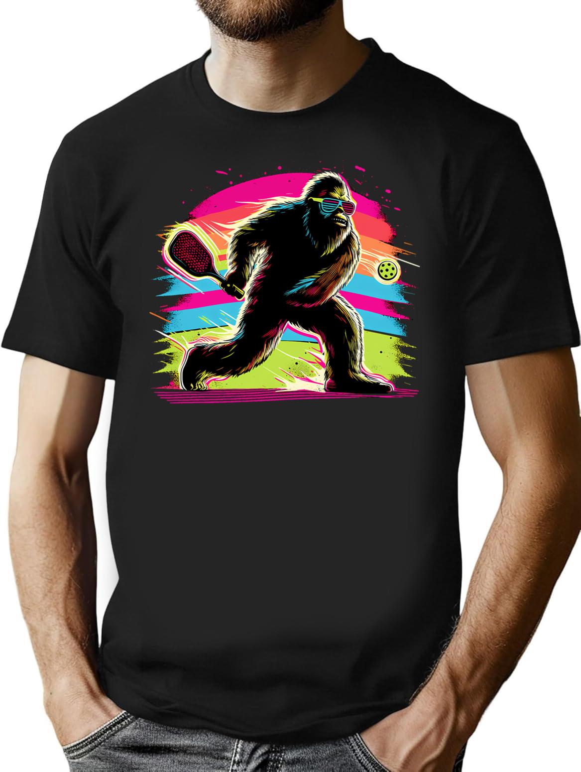 1980s Bigfoot Sasquatch Playing Pickleball T-Shirt - Retro Graphic Tee for Men & Women - Black