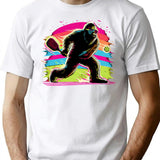 1980s Bigfoot Sasquatch Playing Pickleball T-Shirt - Retro Graphic Tee for Men & Women - White