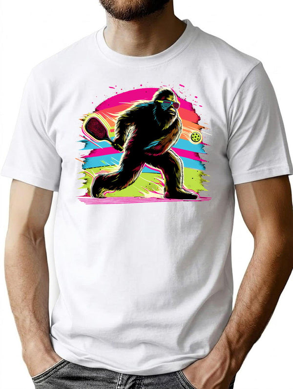 1980s Bigfoot Sasquatch Playing Pickleball T-Shirt - Retro Graphic Tee for Men & Women - White