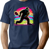 1980s Bigfoot Sasquatch Playing Pickleball T-Shirt - Retro Graphic Tee for Men & Women - Navy