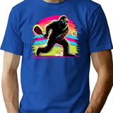 1980s Bigfoot Sasquatch Playing Pickleball T-Shirt - Retro Graphic Tee for Men & Women - Blue