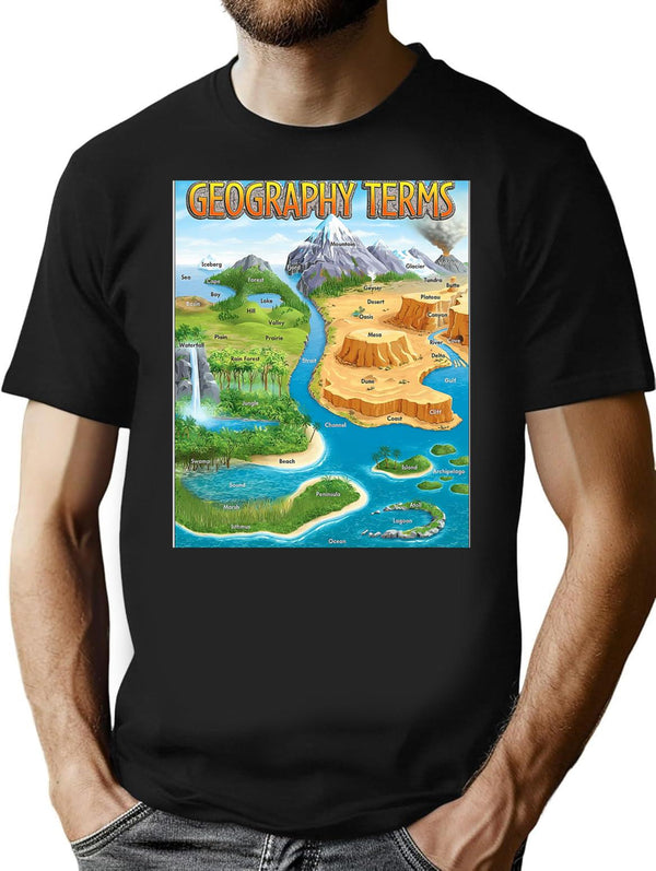 90's Geography Terms Map Meme T-Shirt - Retro Graphic Tee for Men & Women - Black