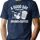A Good Day Starts With Drums Coffee Drummer Gift Funny T-Shirt - Navy