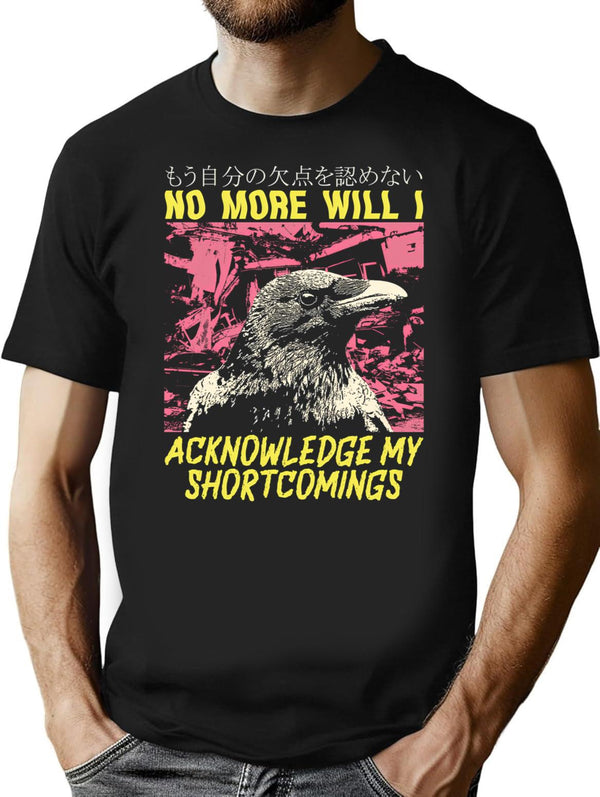 Acknowledge My Shortcomings Crow T-Shirt - Retro Graphic Tee for Men & Women - Black
