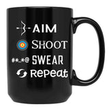 Aim Shoot Swear Repeat Funny Archery Black Coffee Mug, Gift Coffee Mug - Black