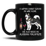 Alaskan Malamute And Wine Funny Dog Black Coffee Mug, Gift Coffee Mug