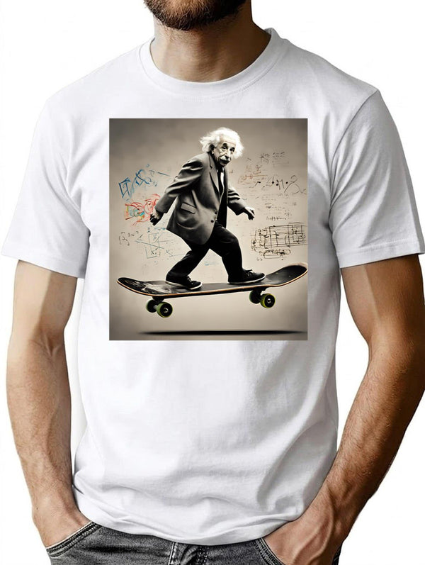 Albert Einstein Riding A Skateboard With Equations As Graffiti T-Shirt - White