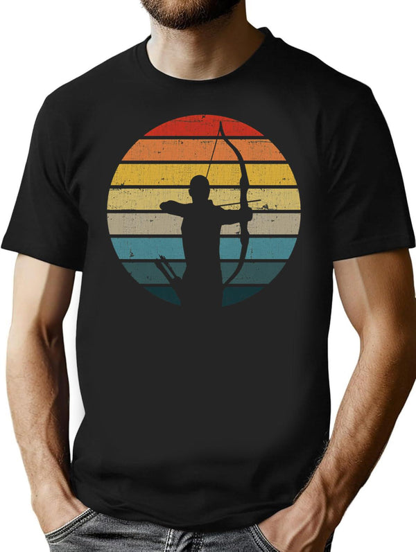 Archery Silhouette On A Distressed Retro Sunset Product T-Shirt - Black