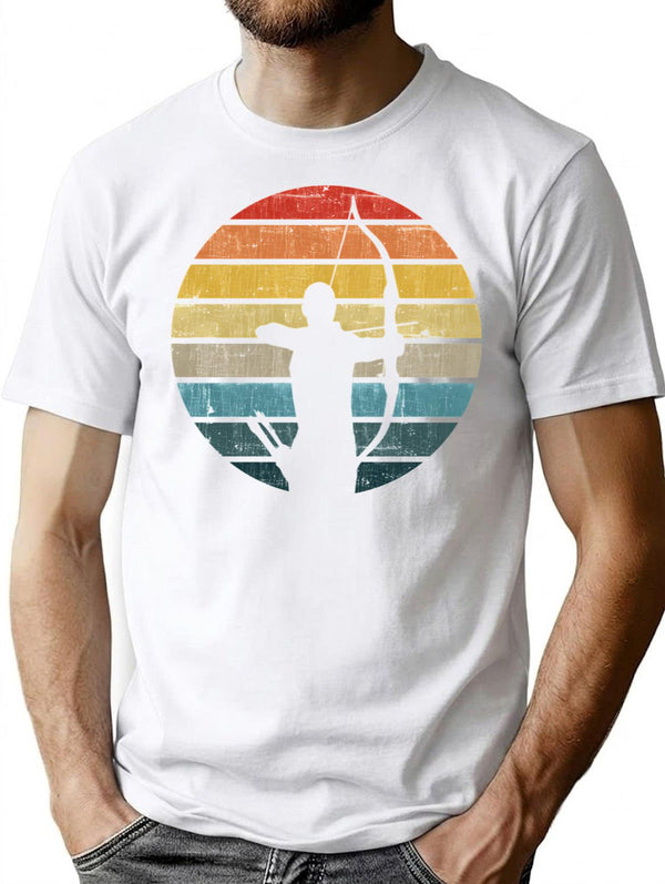 Archery Silhouette On A Distressed Retro Sunset Product T-Shirt - White
