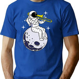 Astronaut Playing Trombone T-Shirt - Retro Graphic Tee for Men & Women - Blue