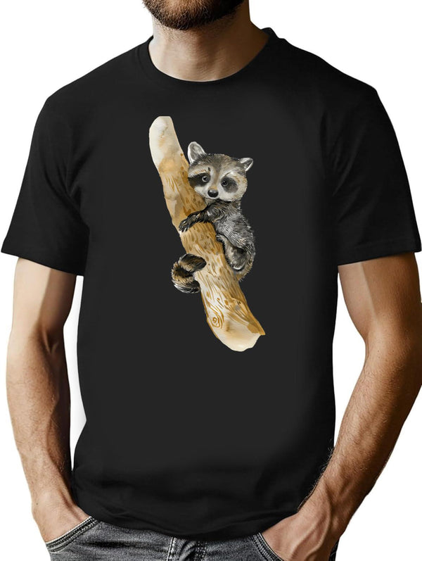 Baby Raccoon In A Tree Cute Design Watercolor T-Shirt - Black
