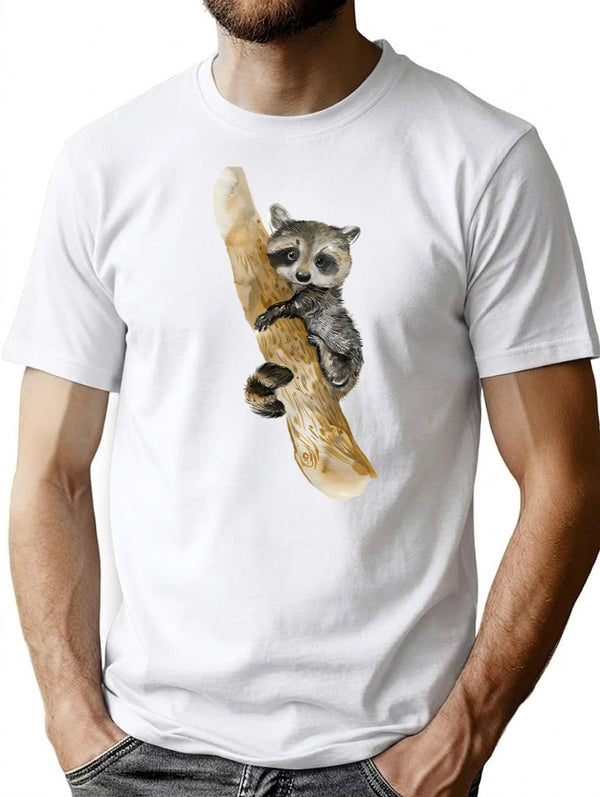 Baby Raccoon In A Tree Cute Design Watercolor T-Shirt - White