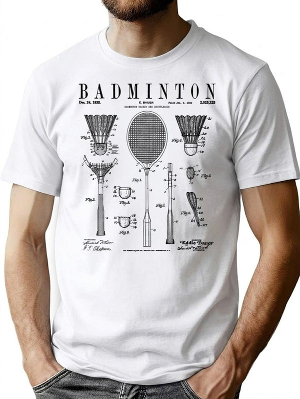 Badminton Old Vintage Patent Drawing Print T-Shirt - White