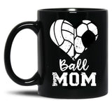 Ball Mom Heart Funny Soccer Volleyball Mom Black Coffee Mug, Gift Coffee Mug