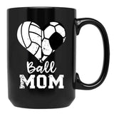 Ball Mom Heart Funny Soccer Volleyball Mom Black Coffee Mug, Gift Coffee Mug - Black