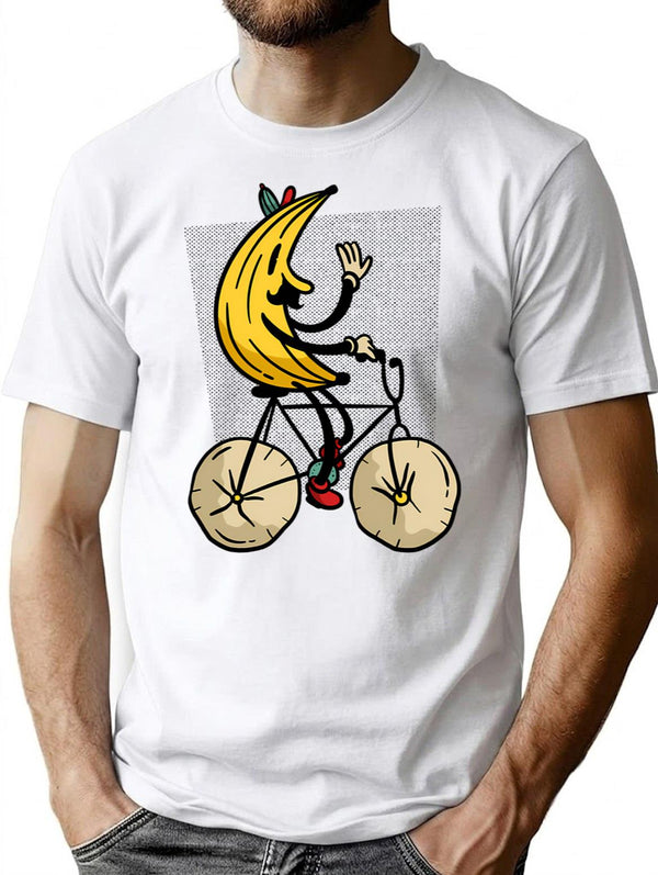 Banana Riding Bike Banana Cycling T-Shirt - Retro Graphic Tee for Men & Women - White