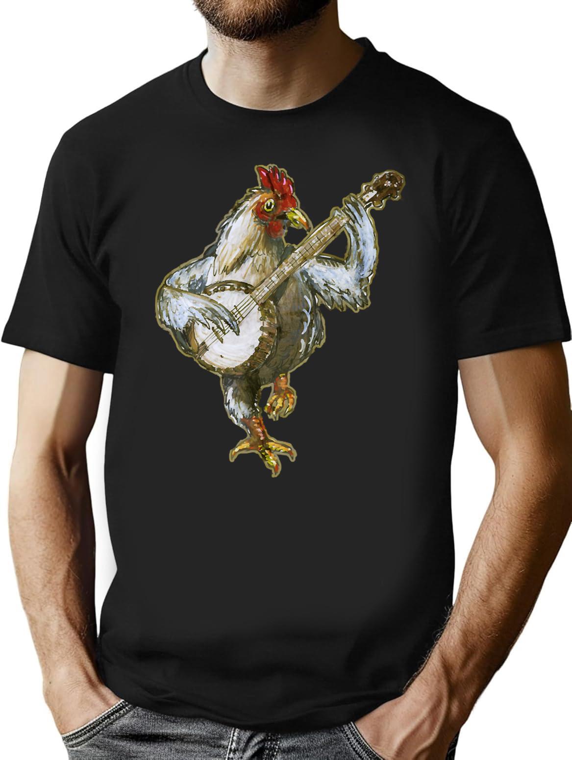 Banjo Playing Chicken T-Shirt - Retro Graphic Tee for Men & Women - Black