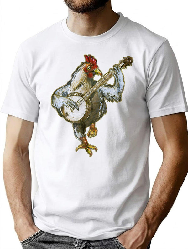 Banjo Playing Chicken T-Shirt - Retro Graphic Tee for Men & Women - White