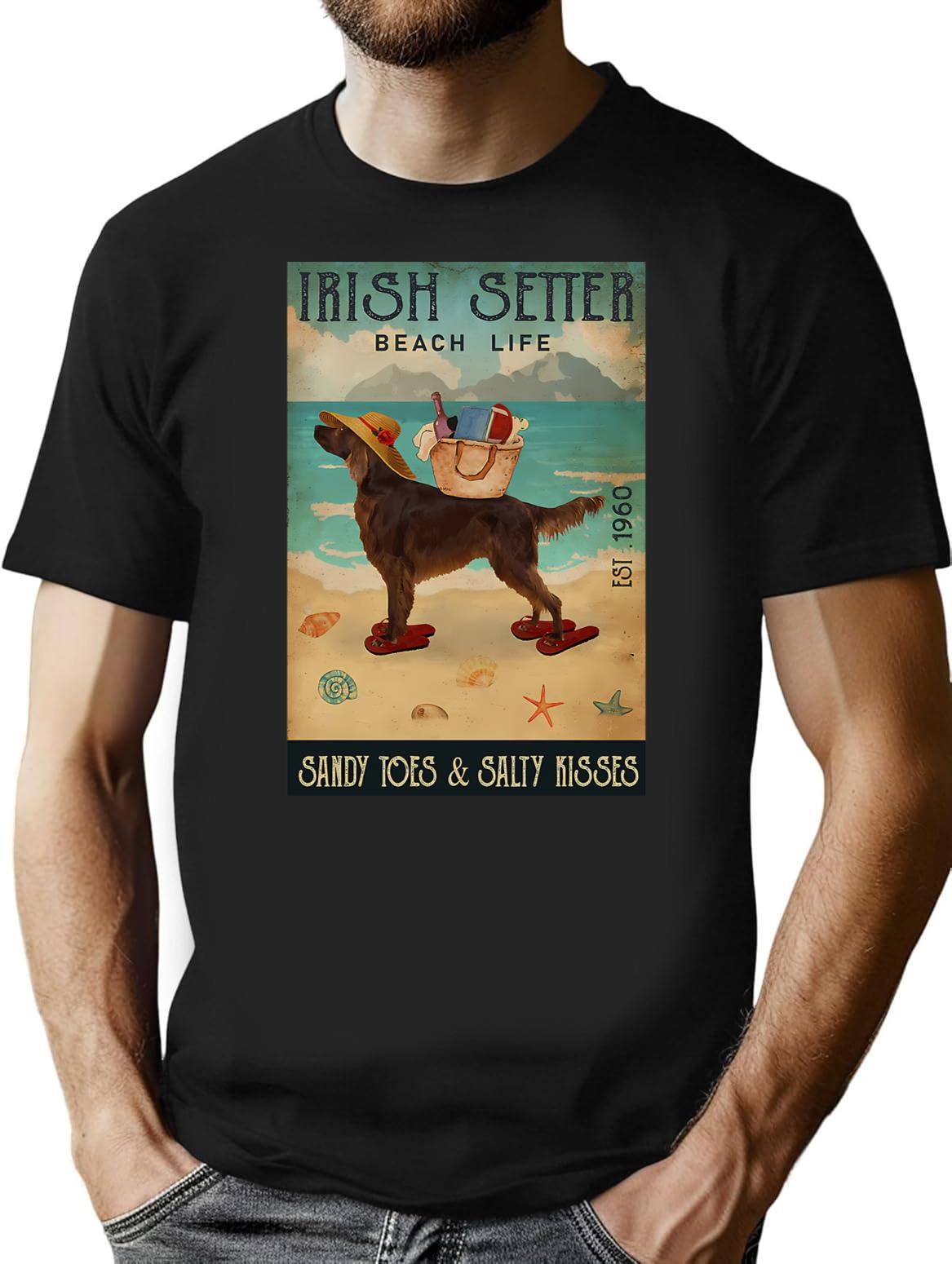 Beach Life Sandy Toes Irish Setter Dog T-Shirt - Black