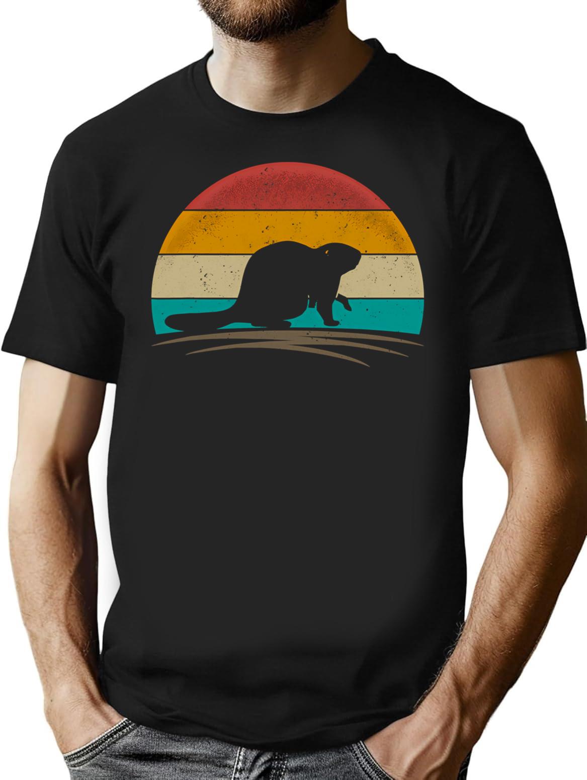 Beaver Retro Vintage Beaver Lover T-Shirt - Retro Graphic Casual Tee - Black